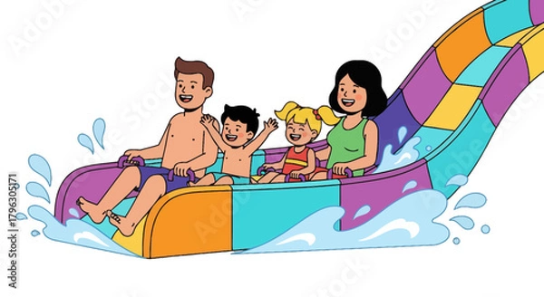Fototapeta Family Fun Day At Water Park Sliding Down Water Slide Smiling and Happy