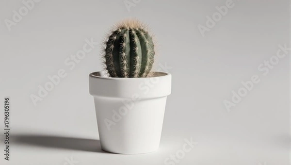 Fototapeta Small cactus in a white pot against a plain background.