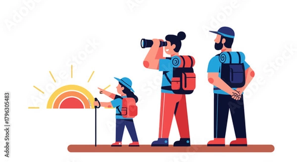 Obraz Family Hiking Adventure: Exploring Views Under Majestic Sun With Binoculars And Backpacks
