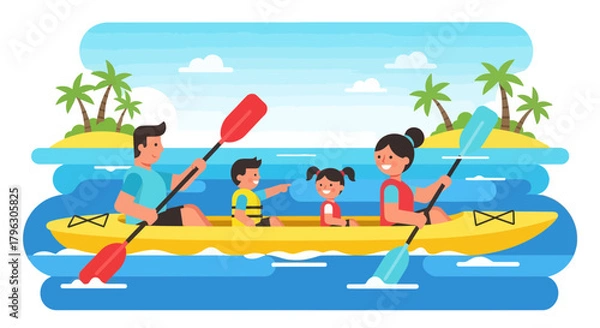 Obraz Family Kayaking Adventure: Tropical Island Expedition with Vector Illustration