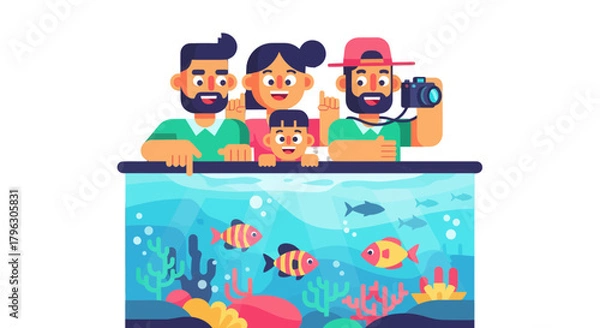 Fototapeta Family Observing Marine Life Together In An Aquarium Illustrative Visualization Scene