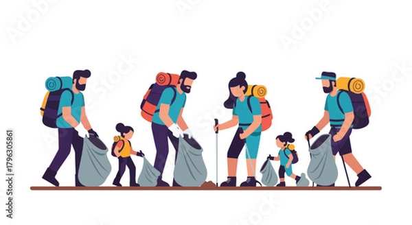 Fototapeta Family Outing With The Mission: Cleaning Nature And Preserving Environment