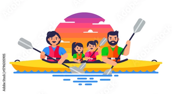 Obraz Family Paddling Together on Sunset Waters in a Kayak Enjoying Leisure Activities