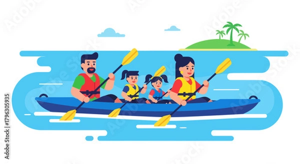 Obraz Family Paddling Together on Vacation: Kayaking Adventure with Smiling Expressions