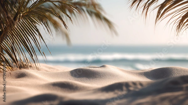 Obraz Sandy beach dunes with palm fronds and ocean waves image