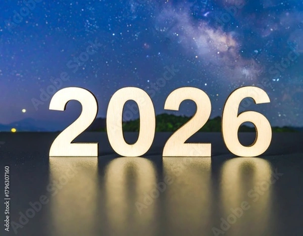 Fototapeta wooden 2026 digits standing outdoors with starry sky backdrop and soft night reflection creating dreamy atmosphere
