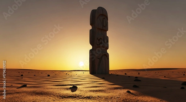 Fototapeta Minimalist Tribal Totem Sculpture in Desert Landscape, Low Angle POV with Warm Sunlight and Hyper-Realistic Texture