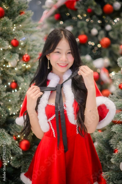 Obraz young asian woman in a red santa dress posing among decorated christmas trees with warm festive lights and red ornaments, captured with soft bokeh for holiday-themed
