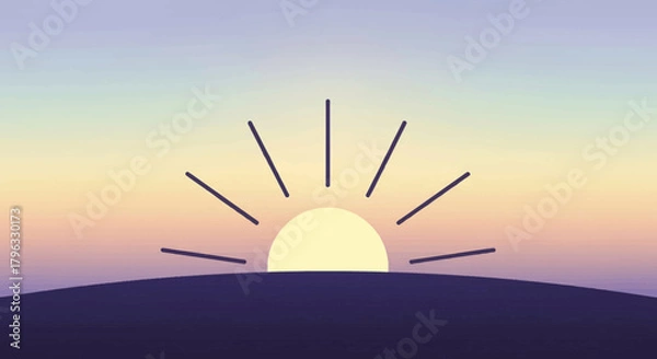 Obraz Stylized graphic illustration of a sunrise or sunset with radiating sunbeams over a dark horizon and a pastel gradient sky.