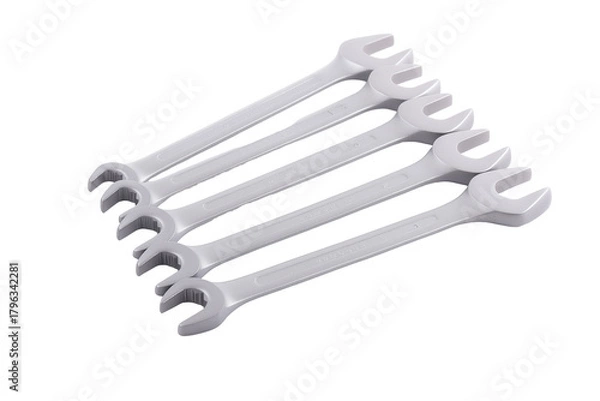 Fototapeta Six identical open-ended wrenches with light gray chrome-plated finish on transparent background