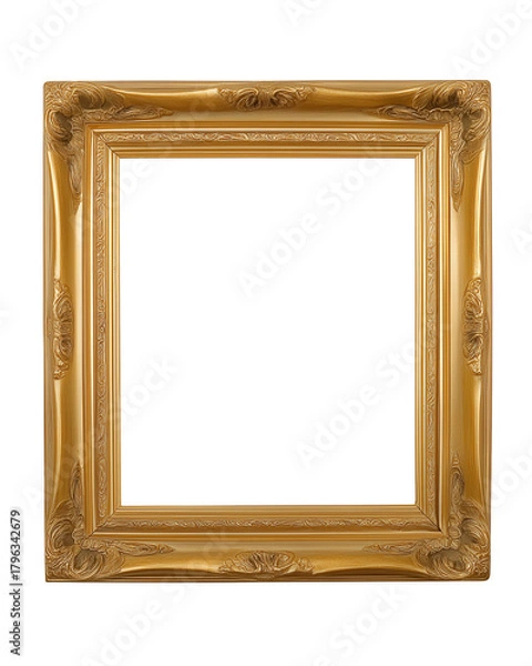 Fototapeta Square ornate gold picture frame with intricate floral carvings on transparent background