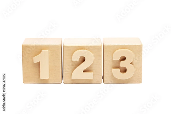 Fototapeta Three wooden blocks with carved numbers 1, 2, and 3 on transparent background