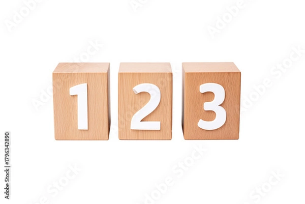 Fototapeta Three wooden blocks with numbers 1, 2, and 3 on transparent background