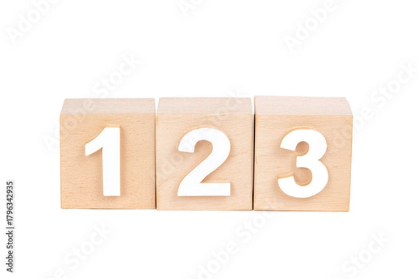 Fototapeta Three wooden blocks with numbers 1, 2, and 3 on transparent background