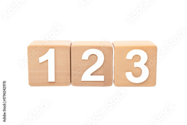 Fototapeta Three wooden blocks with numbers 1, 2, and 3 on transparent background