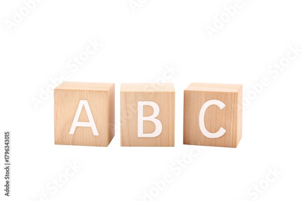 Fototapeta Three wooden alphabet blocks with letters A, B, and C on transparent background
