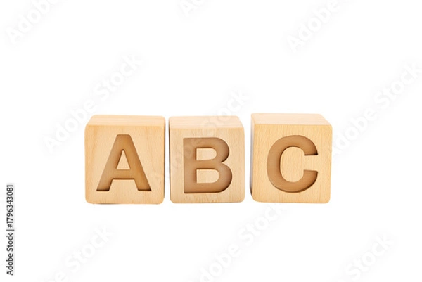 Fototapeta Three wooden alphabet blocks with letters A, B, and C on transparent background