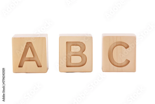 Fototapeta Three wooden alphabet blocks with letters A, B, and C on transparent background