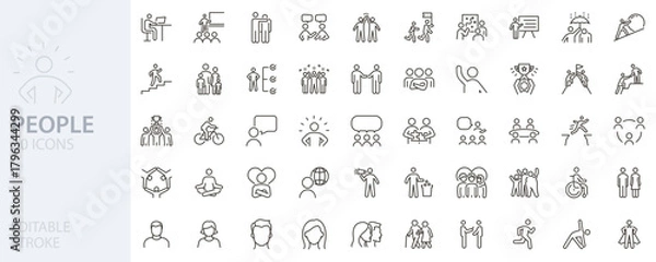 Fototapeta People, human figures, and social interaction line icon set. Teamwork, diversity, activities, business. Vector thin line editable stroke icons