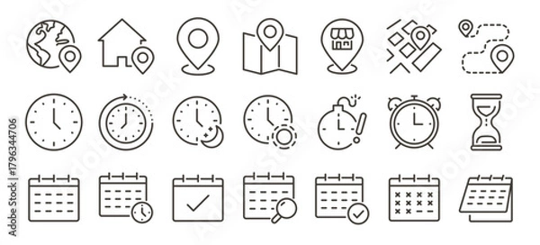 Fototapeta Time and location scheduling icons set. Clocks, maps and calendars. Thin line editable stroke icon illustrations