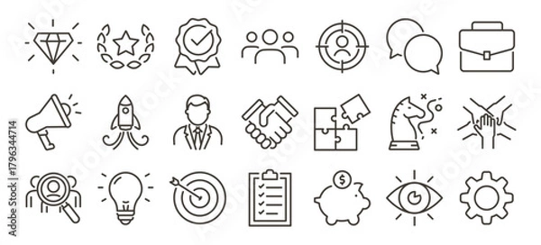Fototapeta Corporate culture, leadership and teamwork icon set. Mission, vision, strategy, success and values thin line vector editable stroke illustration icons.