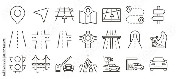 Fototapeta Roads and Navigation icons set. Highways, directions, driving and map routes. Thin line editable stroke vector illustrations.