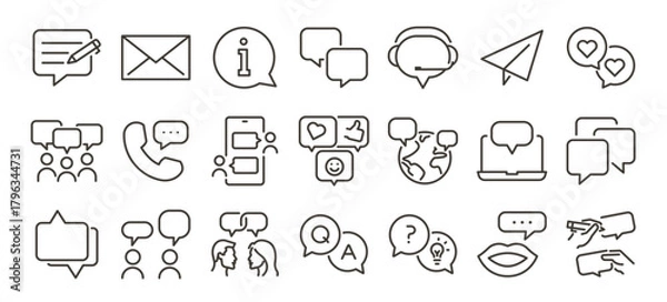 Fototapeta Communication, messaging, dialogue and chatting icons. Thin line editable stroke vector icon illustrations