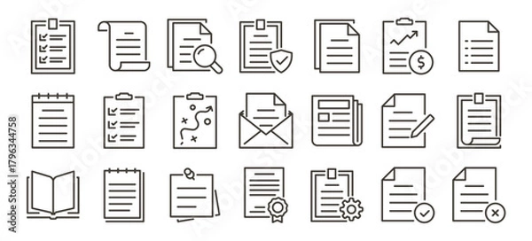 Fototapeta Documents, files, paperwork, checklist and reports icons. Thin line editable stroke vector icon illustrations