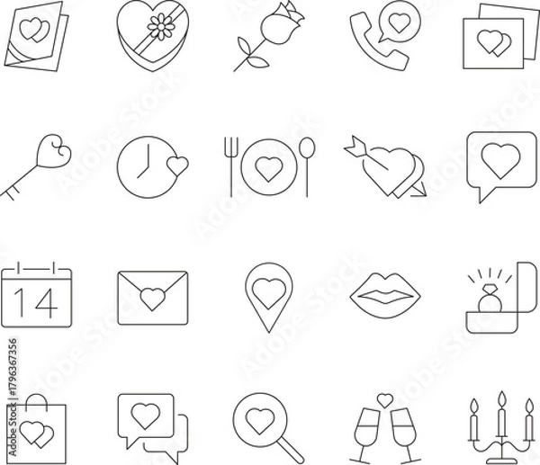 Fototapeta Collection of hand drawn romantic love icons and symbols in a sketchy doodle style on white background