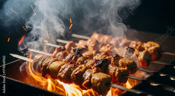 Fototapeta Delicious meat skewers grilling over a smoky open fire barbecue.