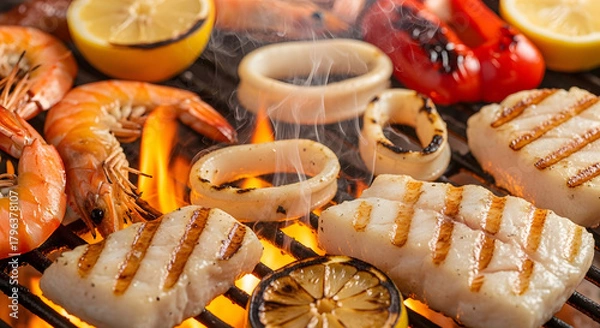 Fototapeta Delicious seafood and vegetables grilling on a fiery barbecue.