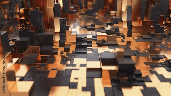 Fototapeta 3D visualization of a futuristic city made of golden and black cubes