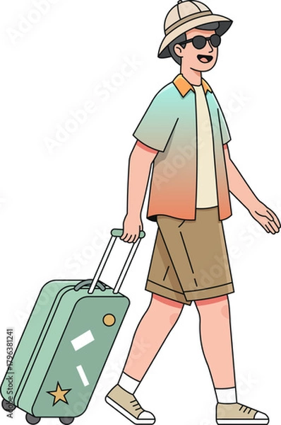Fototapeta man carrying luggage traveling around the world isolated character vector illustration
