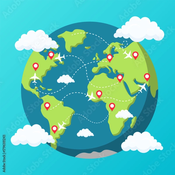 Obraz world traffic airplane destination point cloudy sunshine time to travel around the world vector illustration