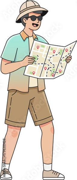 Fototapeta traveler man holding map holiday destination for traveling isolated character vector illustration