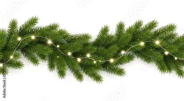 Fototapeta Wavy seamless horizontal Christmas garland of lush green fir branches with bright lights and sparkles. Perfect festive decoration border for holiday designs. Transparent background