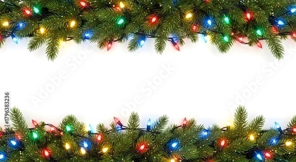 Fototapeta Wavy seamless horizontal Christmas garland of lush green fir branches with bright lights and sparkles. Perfect festive decoration border for holiday designs. Transparent background