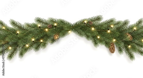 Fototapeta Wavy seamless horizontal Christmas garland of lush green fir branches with bright lights and sparkles. Perfect festive decoration border for holiday designs. Transparent background
