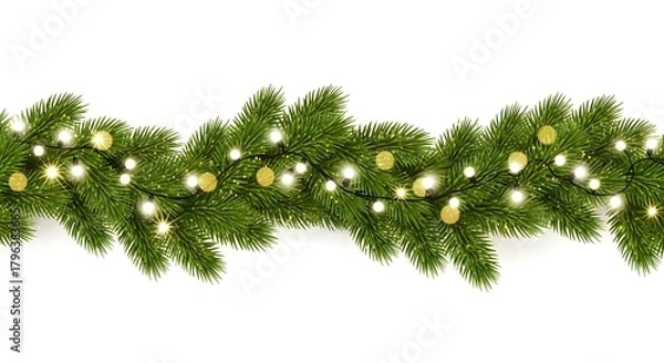Fototapeta Wavy seamless horizontal Christmas garland of lush green fir branches with bright lights and sparkles. Perfect festive decoration border for holiday designs. Transparent background