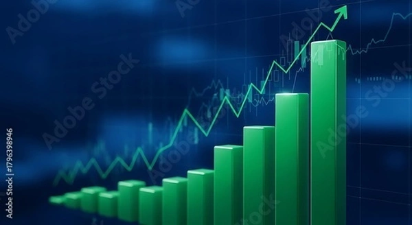 Fototapeta Financial growth chart displaying an upward trend with glowing green bars and a rising line graph, symbolizing market success, investment prosperity, and economic development