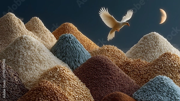 Obraz "Five Grains Worship Heaven - Pray for New Life", Xia-Shang-Zhou Miao Migration, Grain Sacrifice, Phoenix Crescent Moon Rebirth