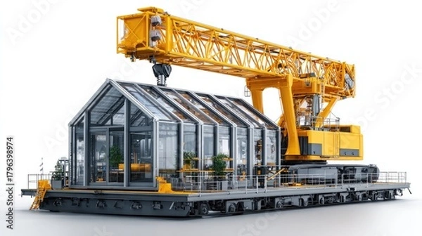Fototapeta Modern Construction: An industrial crane delicately lifts a contemporary glass house. This image speaks to innovation, efficiency, and the future of architecture. 