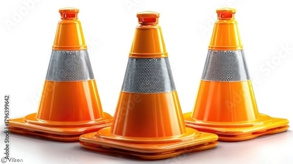 Obraz Traffic Cones: Three bright orange traffic cones stand in formation, their reflective bands designed to enhance visibility in a road safety environment.