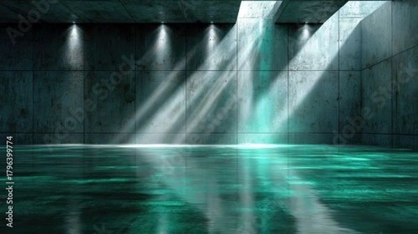 Fototapeta Industrial Serenity: Dramatic beams of light cascade into a stark, empty industrial space, illuminating the textured concrete and creating a mesmerizing play of light and shadow.
