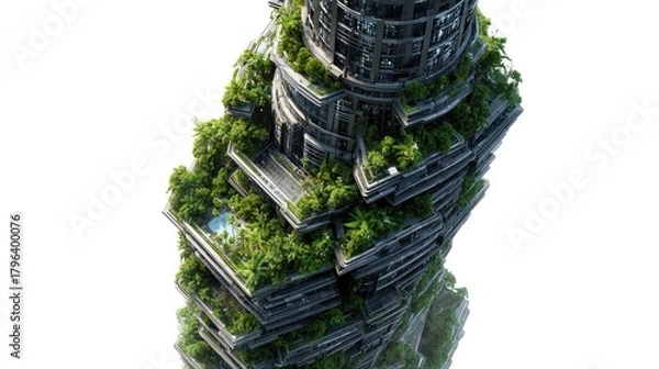 Fototapeta Eco-Friendly Skyscraper: An innovative architectural concept of a skyscraper is seamlessly integrated with lush greenery, showcasing sustainable living in a modern urban landscape.