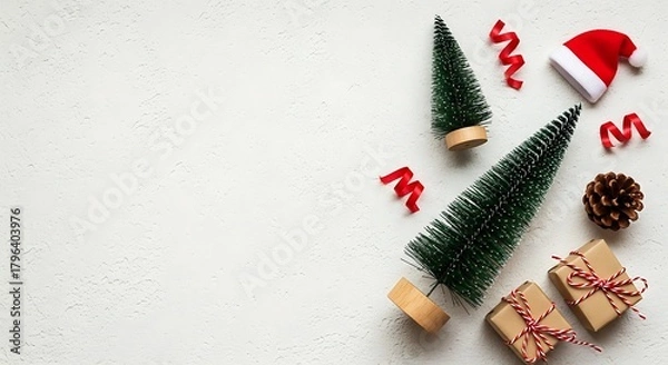 Fototapeta Festive Christmas flat lay with miniature trees, Santa hat, gifts, and ribbons on a white background, perfect for holiday greetings.