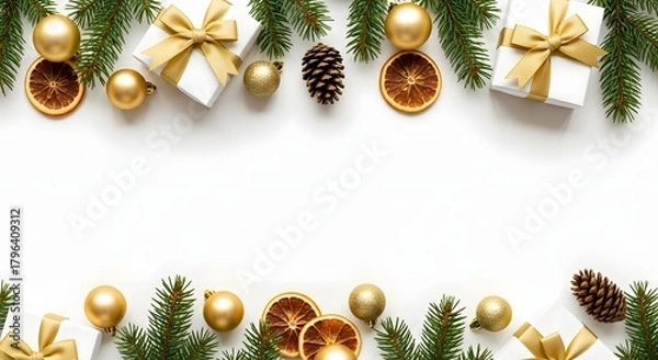 Fototapeta Christmas flat-lay border with fir branches, gold ornaments, pinecones, dried orange slices, and white gift boxes tied with golden bows.
