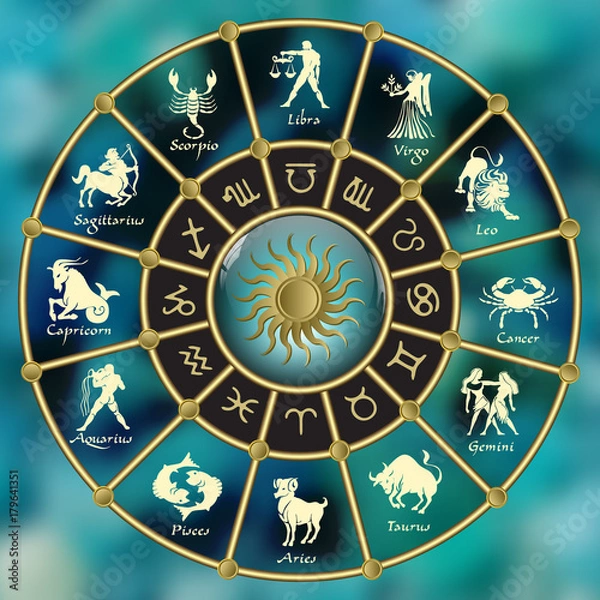 Fototapeta Gold-blue horoscope circle.Circle with signs of zodiac.Vector