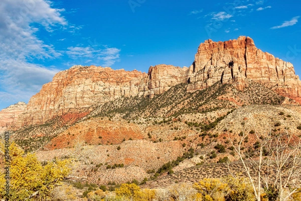Obraz Zion National Park Stunning Red Rock Cliffs with Fall Foliage as seen from the Viewpoint in Springdale Utah.