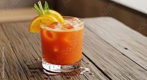 Obraz Refreshing Orange Cocktail with Ice and Garnish on Rustic Wooden Table.